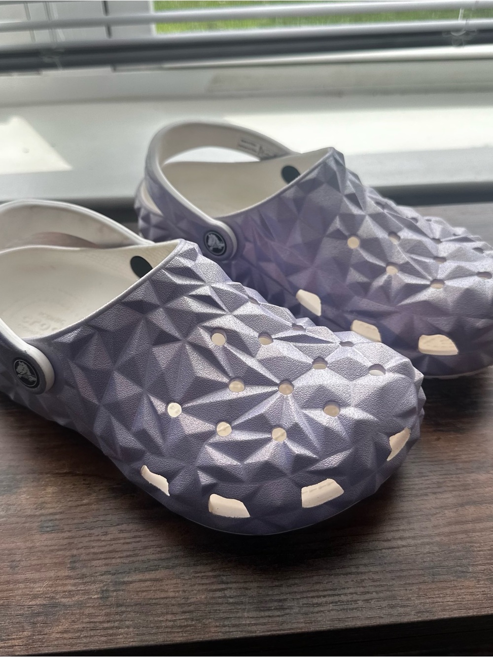 CROCS Geometric Iridescent Lavender and White Clog Sandals